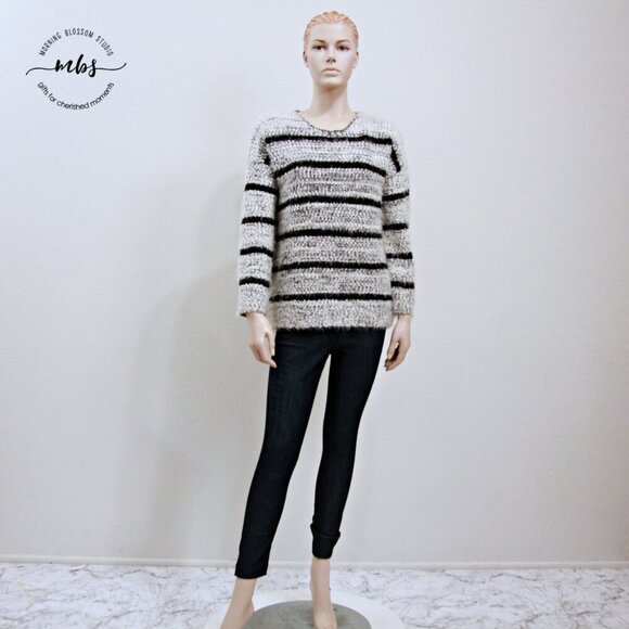 Calvin Klein Striped Fuzzy Crew Neck Long Sleeve Sweater Black White Women Size - Picture 3 of 11